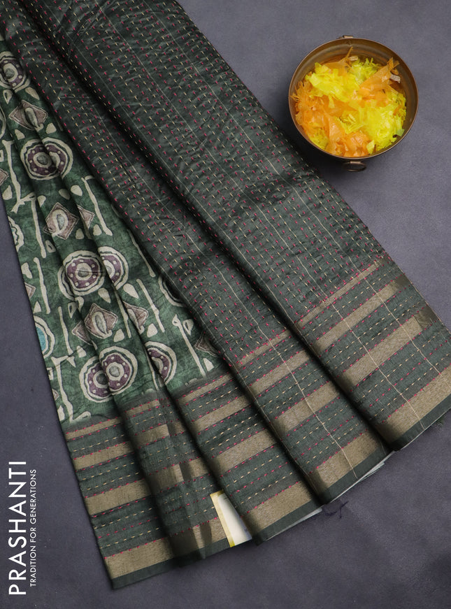 Semi tussar saree sap green with allover geometric prints and zari woven kantha work border