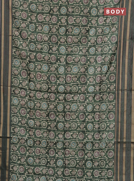 Semi tussar saree sap green with allover geometric prints and zari woven kantha work border