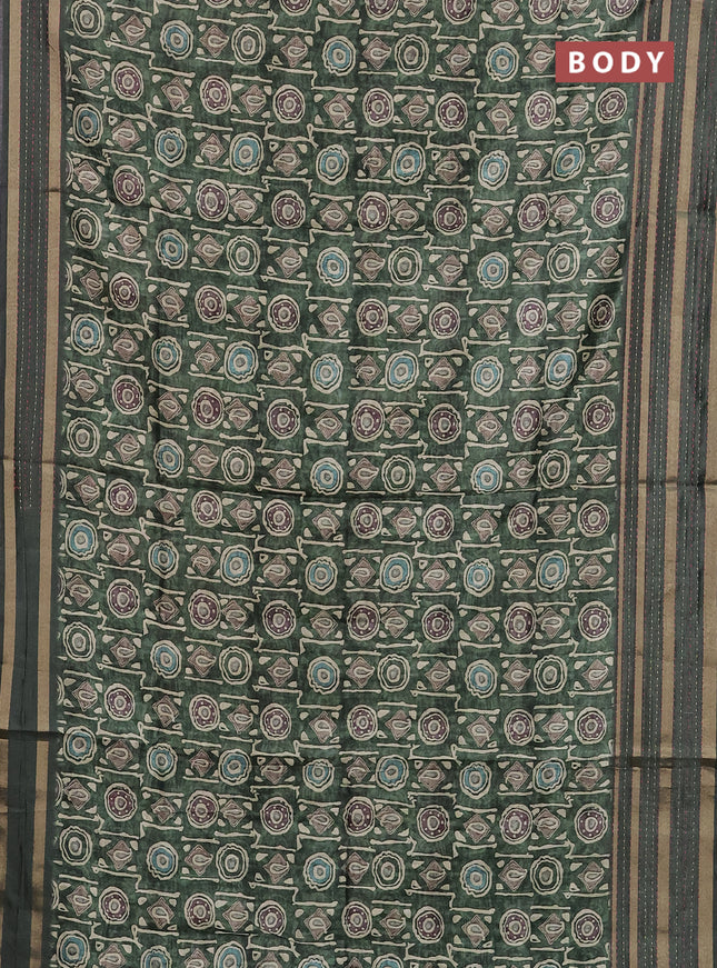 Semi tussar saree sap green with allover geometric prints and zari woven kantha work border
