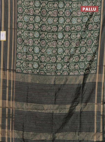Semi tussar saree sap green with allover geometric prints and zari woven kantha work border