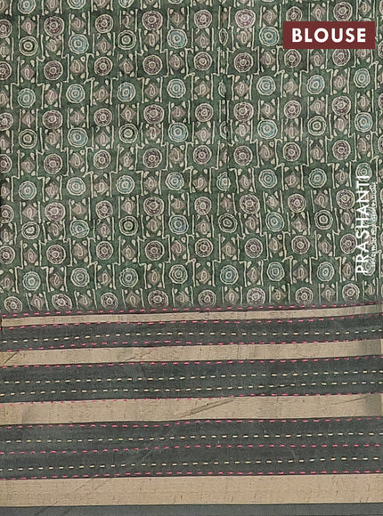 Semi tussar saree sap green with allover geometric prints and zari woven kantha work border