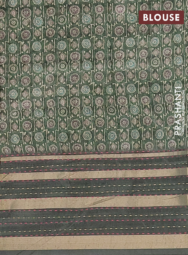 Semi tussar saree sap green with allover geometric prints and zari woven kantha work border