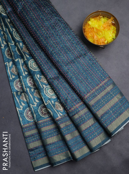 Semi tussar saree peacock blue with allover geometric prints and zari woven kantha work border