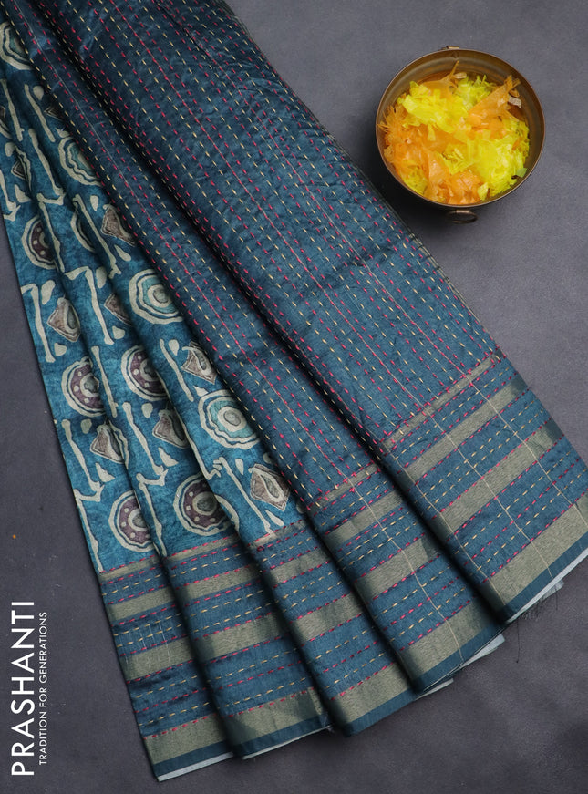 Semi tussar saree peacock blue with allover geometric prints and zari woven kantha work border