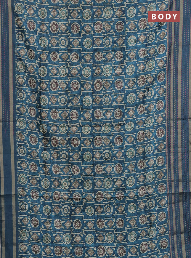 Semi tussar saree peacock blue with allover geometric prints and zari woven kantha work border