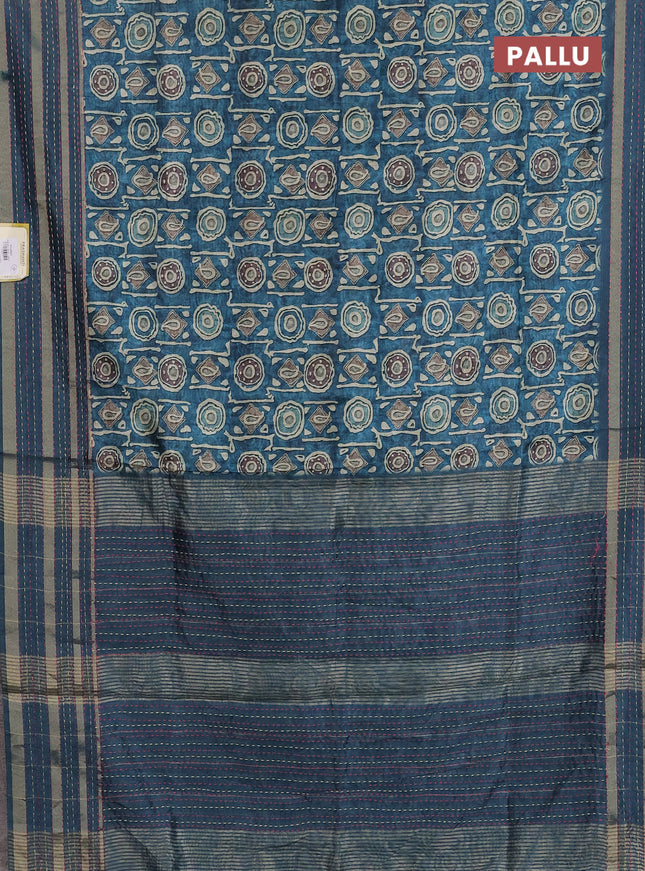 Semi tussar saree peacock blue with allover geometric prints and zari woven kantha work border
