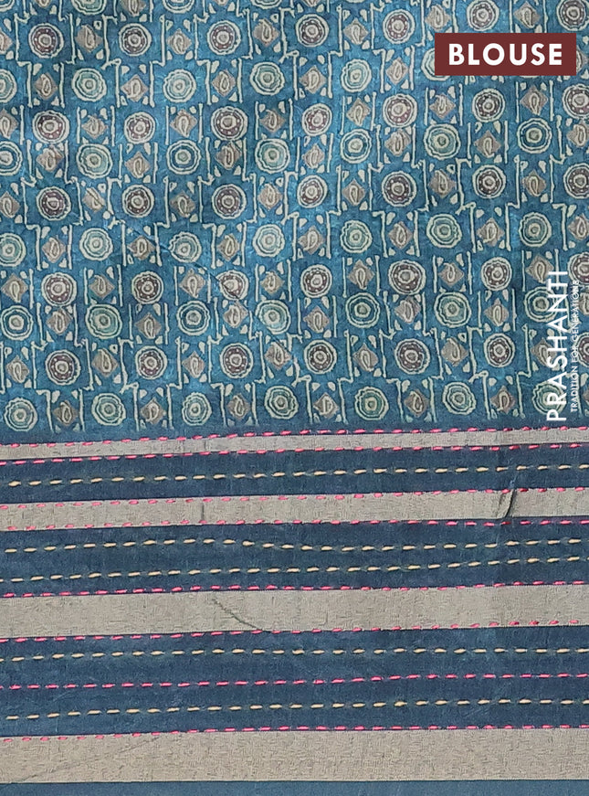 Semi tussar saree peacock blue with allover geometric prints and zari woven kantha work border