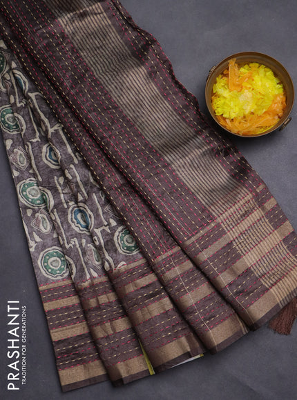 Semi tussar saree grey and brown with allover geometric prints and zari woven kantha work border