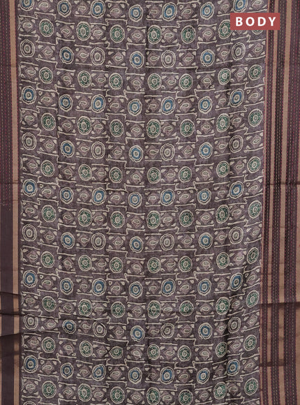 Semi tussar saree grey and brown with allover geometric prints and zari woven kantha work border