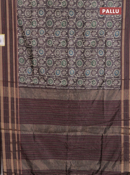 Semi tussar saree grey and brown with allover geometric prints and zari woven kantha work border