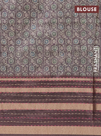 Semi tussar saree grey and brown with allover geometric prints and zari woven kantha work border