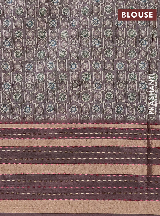 Semi tussar saree grey and brown with allover geometric prints and zari woven kantha work border