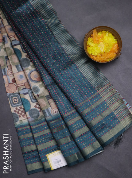 Semi tussar saree multi colour and peacock green with allover geometric prints and zari woven kantha work border