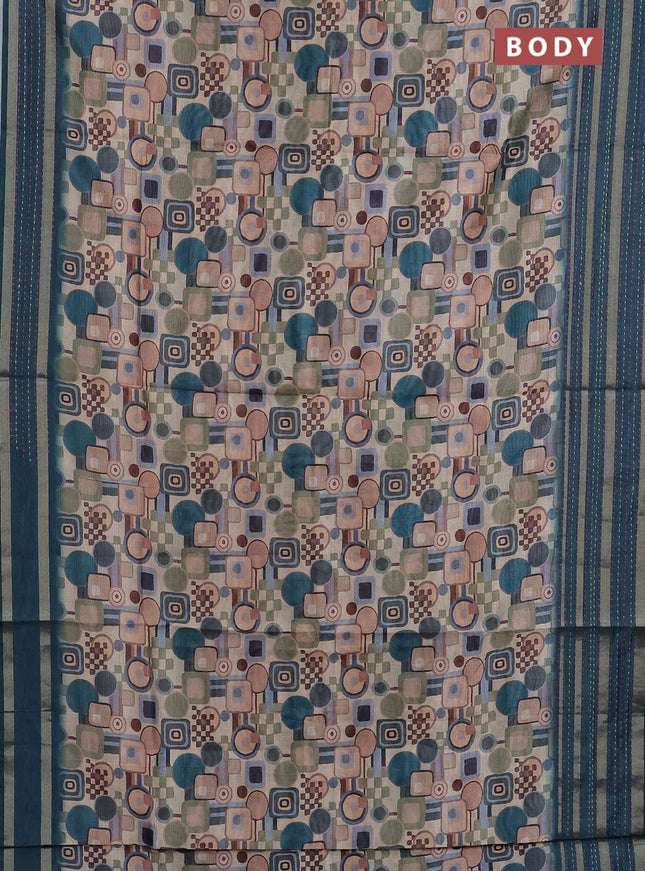 Semi tussar saree multi colour and peacock green with allover geometric prints and zari woven kantha work border