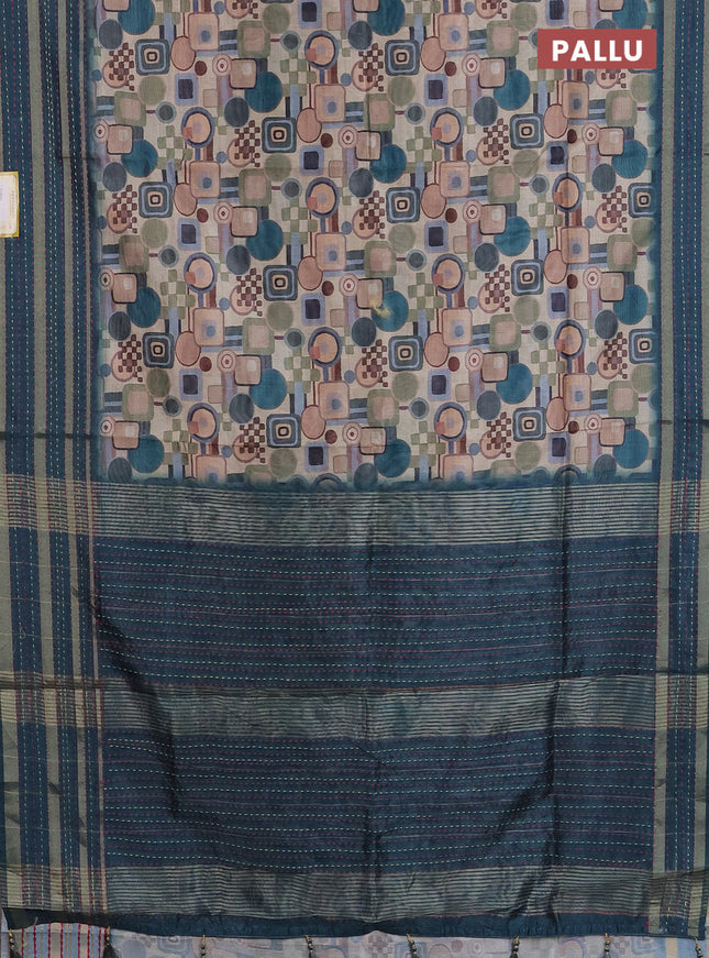Semi tussar saree multi colour and peacock green with allover geometric prints and zari woven kantha work border