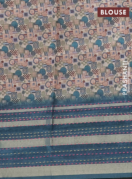 Semi tussar saree multi colour and peacock green with allover geometric prints and zari woven kantha work border