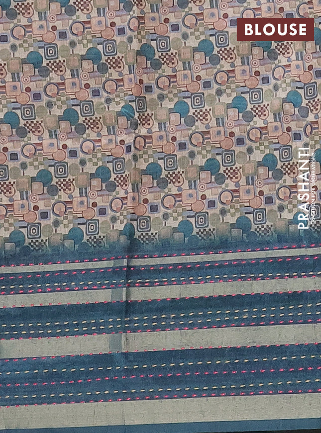 Semi tussar saree multi colour and peacock green with allover geometric prints and zari woven kantha work border