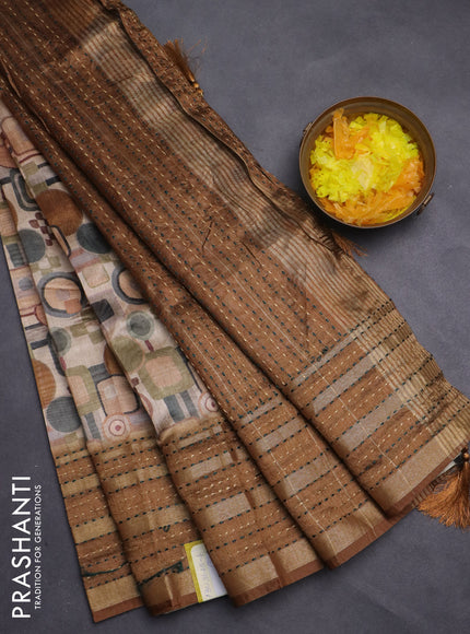 Semi tussar saree sandal and dark mustard with allover geometric prints and zari woven kantha work border