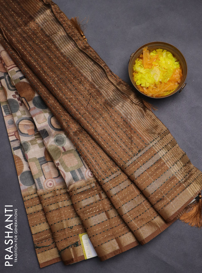 Semi tussar saree sandal and dark mustard with allover geometric prints and zari woven kantha work border