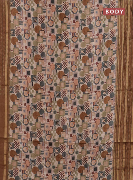 Semi tussar saree sandal and dark mustard with allover geometric prints and zari woven kantha work border