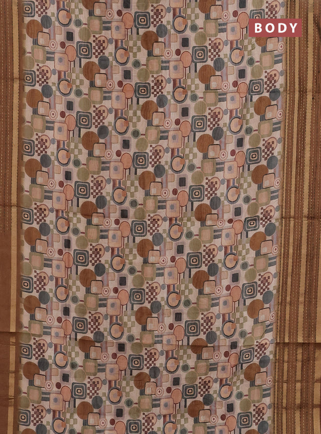 Semi tussar saree sandal and dark mustard with allover geometric prints and zari woven kantha work border