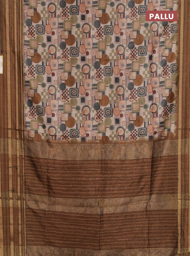 Semi tussar saree sandal and dark mustard with allover geometric prints and zari woven kantha work border