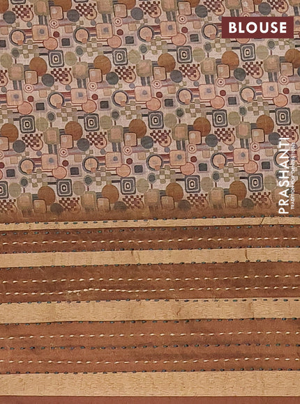 Semi tussar saree sandal and dark mustard with allover geometric prints and zari woven kantha work border