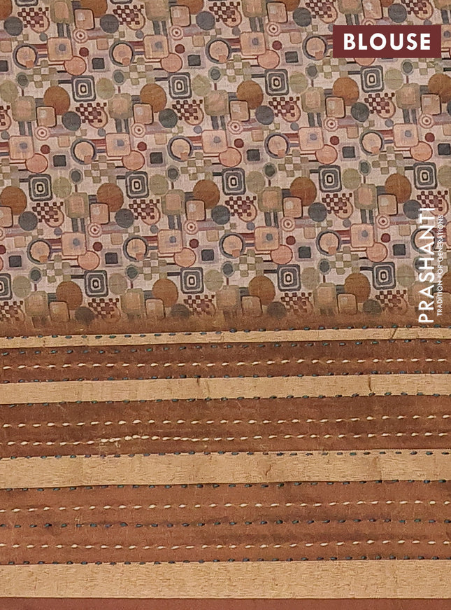 Semi tussar saree sandal and dark mustard with allover geometric prints and zari woven kantha work border