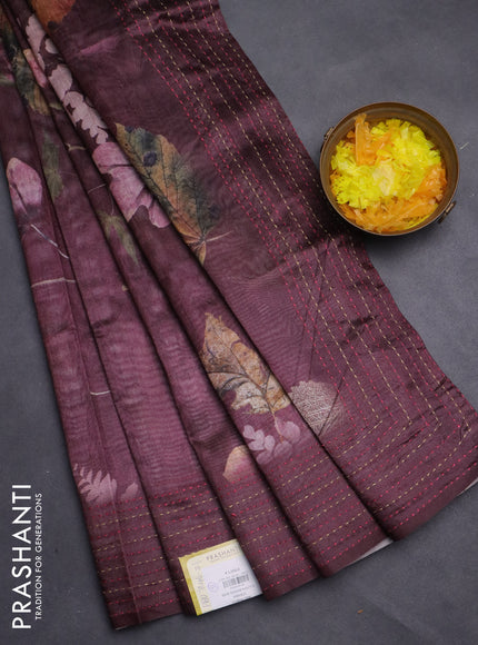 Semi tussar saree wine shade with allover prints and kantha stitch work border