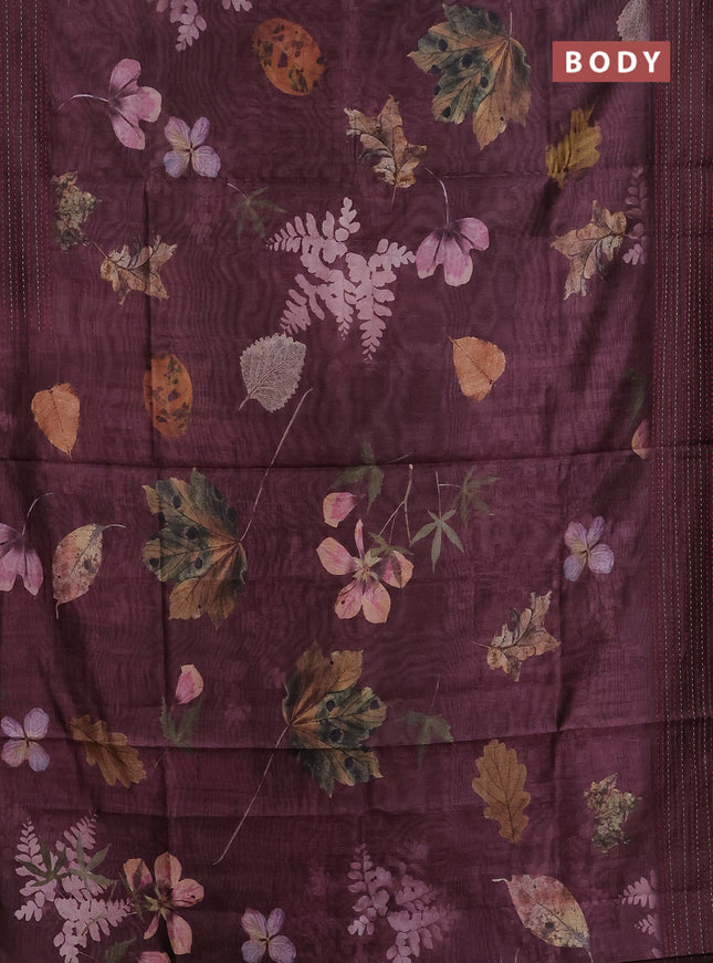 Semi tussar saree wine shade with allover prints and kantha stitch work border