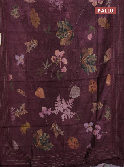 Semi tussar saree wine shade with allover prints and kantha stitch work border