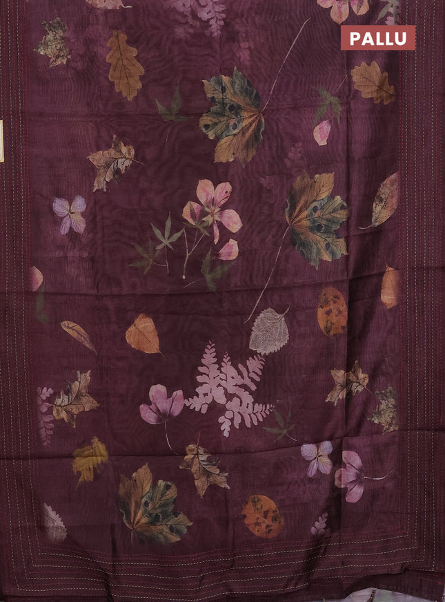 Semi tussar saree wine shade with allover prints and kantha stitch work border