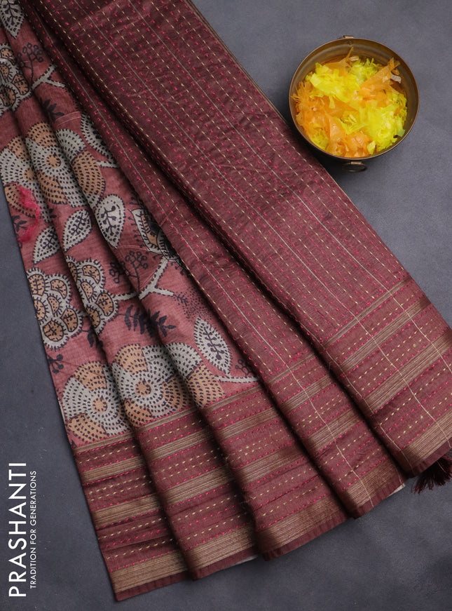 Semi tussar saree rust shade with allover prints and kantha stitch work border