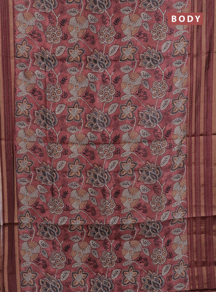 Semi tussar saree rust shade with allover prints and kantha stitch work border