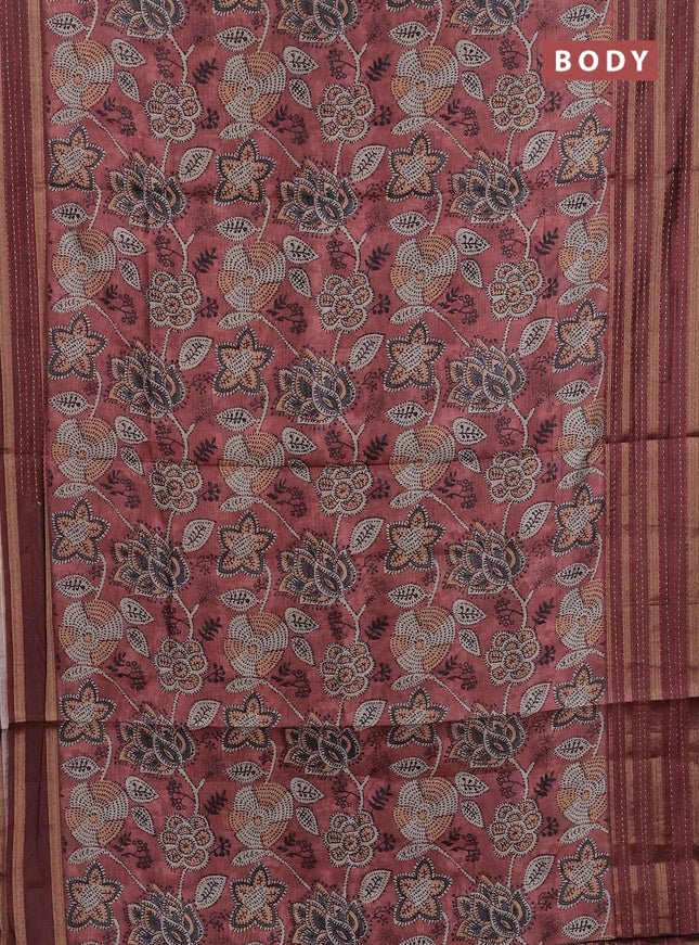Semi tussar saree rust shade with allover prints and kantha stitch work border