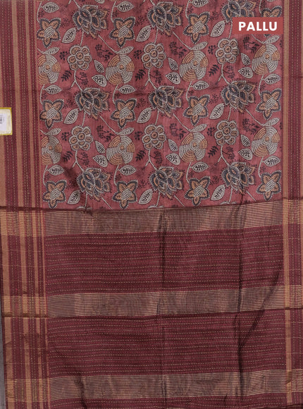 Semi tussar saree rust shade with allover prints and kantha stitch work border
