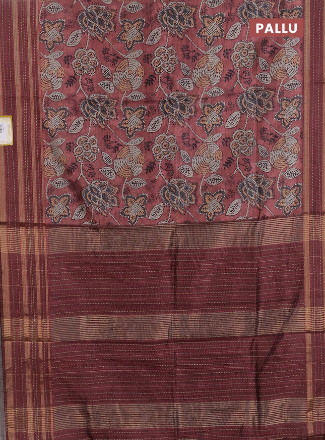 Semi tussar saree rust shade with allover prints and kantha stitch work border