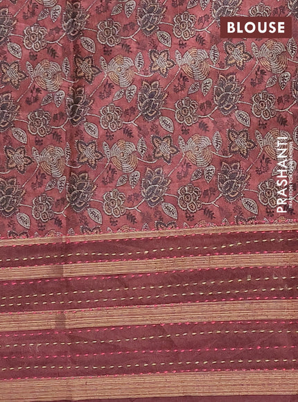 Semi tussar saree rust shade with allover prints and kantha stitch work border