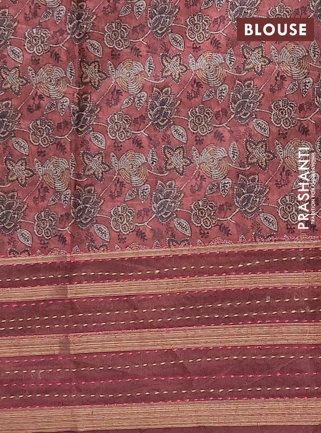 Semi tussar saree rust shade with allover prints and kantha stitch work border
