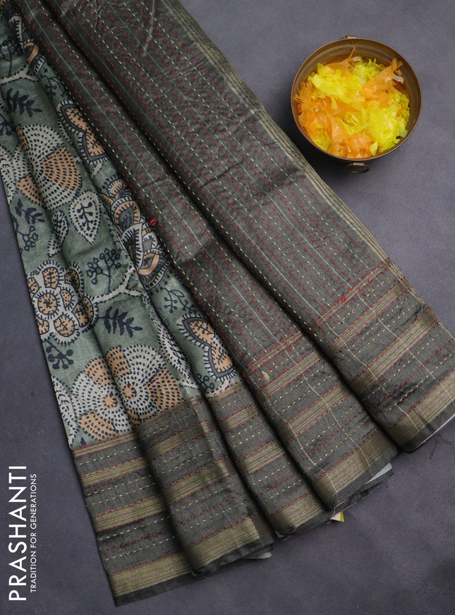 Semi tussar saree pastel green with allover prints and kantha stitch work border
