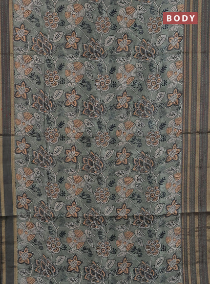 Semi tussar saree pastel green with allover prints and kantha stitch work border