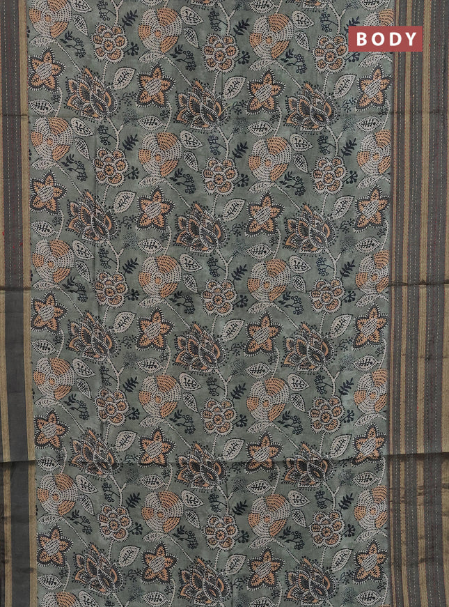 Semi tussar saree pastel green with allover prints and kantha stitch work border