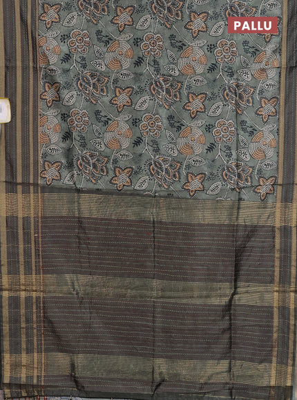 Semi tussar saree pastel green with allover prints and kantha stitch work border