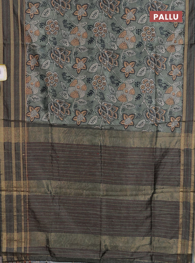 Semi tussar saree pastel green with allover prints and kantha stitch work border