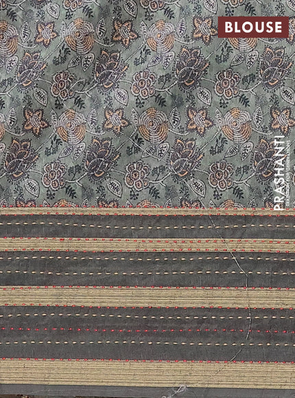 Semi tussar saree pastel green with allover prints and kantha stitch work border