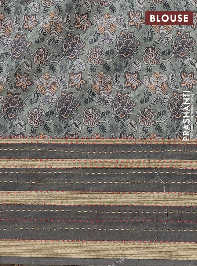 Semi tussar saree pastel green with allover prints and kantha stitch work border