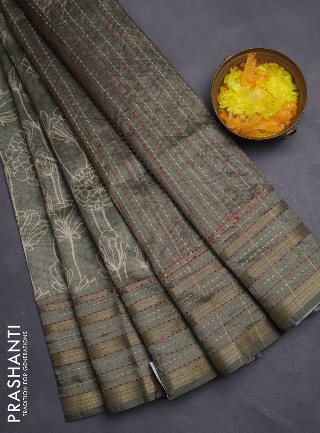 Semi tussar saree sap green with allover floral prints and kantha stitch work border