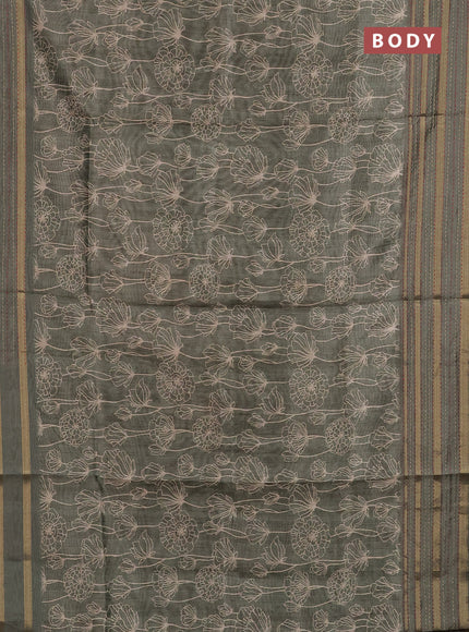 Semi tussar saree sap green with allover floral prints and kantha stitch work border