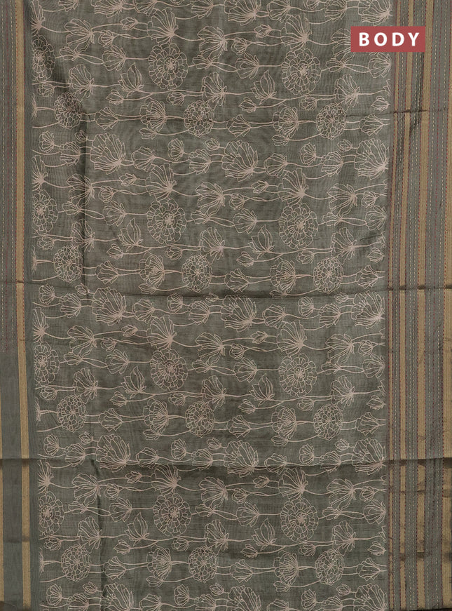 Semi tussar saree sap green with allover floral prints and kantha stitch work border