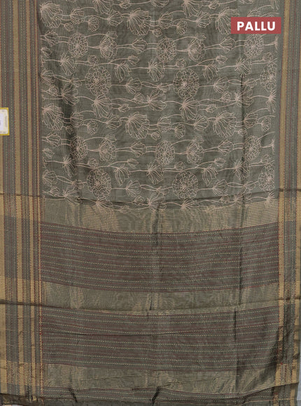 Semi tussar saree sap green with allover floral prints and kantha stitch work border